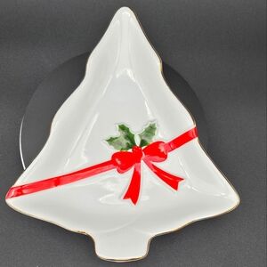 Vtg Ceramic Christmas Tree Trinket Dish Red Ribbon Holly Gold Trim Mount Clemens